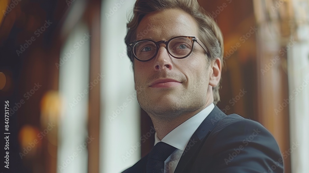 Fototapeta premium A man in a suit looks out a window, contemplating the future