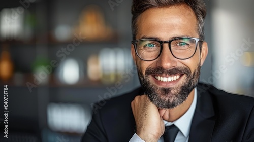 A close-up portrait of a successful man in his office  smiling confidently
