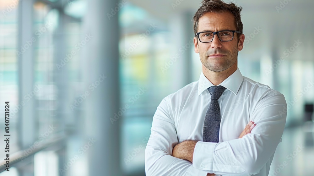 A man in a white shirt and tie stands with his arms crossed, looking directly at the camera with a confident expression A man in a white shirt and tie stands with his arms crossed, looking directly at the camera with a confident expression