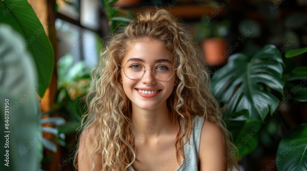 A woman wearing glasses smiles warmly, surrounded by lush green plants A woman wearing glasses smiles warmly, surrounded by lush green plants