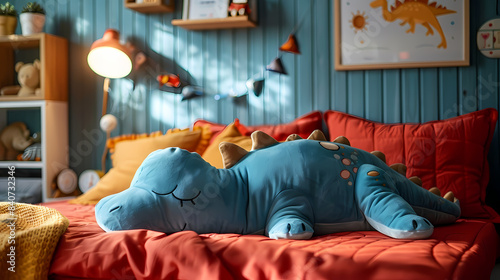 Superbe dinosaure en peluche qui dort sur un lit dans une chambre d'enfant