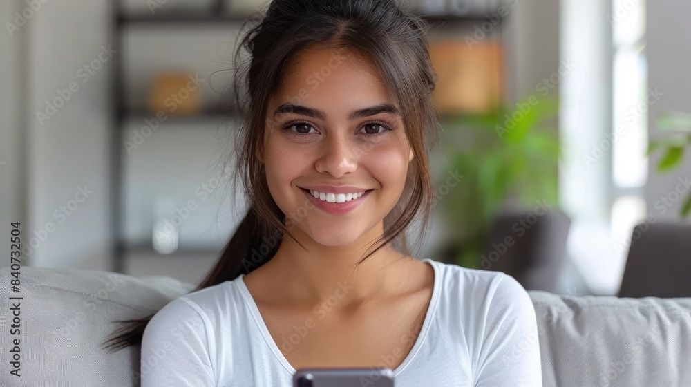 A woman smiles broadly as she looks at her phone A woman smiles broadly as she looks at her phone