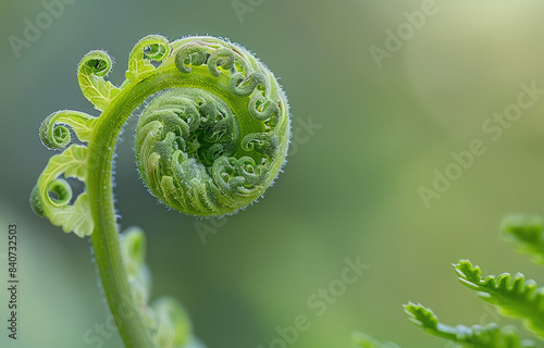A closeup of the unfurling fern frond bud just beginning to open, showcasing its delicate green hues and intricate patterns. 