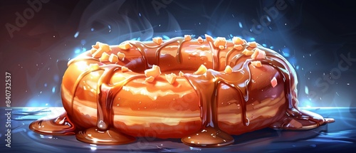 Glazed donut with caramel, white backdrop, glossy and rich, hyperrealistic, high detail
