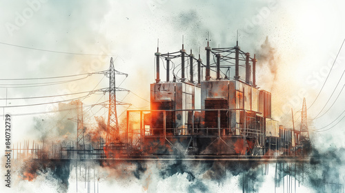 Wide-angle shot of an outdoor power transformer station working at full capacity during peak summer heat  watercolor illustration 
