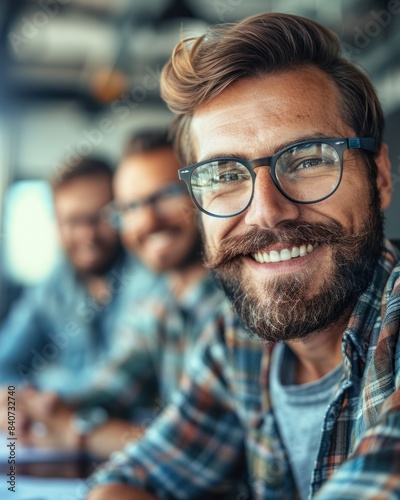 A man with glasses and a beard smiles brightly while sitting with others in a casual setting © Tetiana