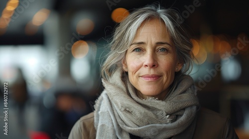 A woman with graying hair smiles warmly at the camera, standing amidst a blurred cityscape with twinkling lights