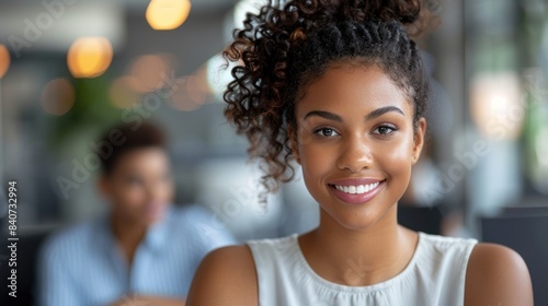 A young woman smiles brightly in a cafe setting, her curly hair pulled back, radiating warmth and positivity © Tetiana