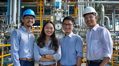 South east asian people at a chemical plant. candid. smiling. light blue button up top. looking at camera. clean. Bright. Sunlight. daylight. Modern.  photo
