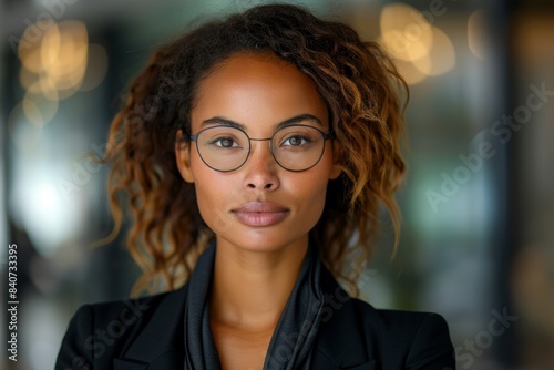  A portrait of a confident businesswoman, taken at eye level to convey direct engagement. Capturing a moment of eye contact that suggests confidence and approachability 