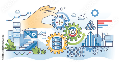 Data science careers for information processing outline hands concept. Big data research, forecasting and analytics work vector illustration. Professional analysis to interpret scientific charts.