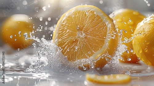 A splash of water is falling on a lemon  with the juice dripping down the side