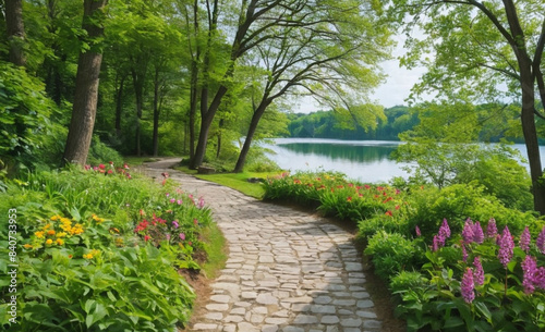 Beautiful Colorful Summer-Spring Landscape Sunlit Lake in the Park with Green Trees and Stone Path