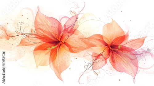 Ethereal translucent orange flowers, delicate and vibrant flower arrangement forming a stunning vector design on a white canvas