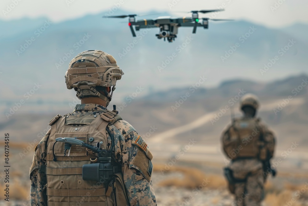 Marines establishing a tactical perimeter surveillance with drone technology Marines establishing a tactical perimeter surveillance with drone technology