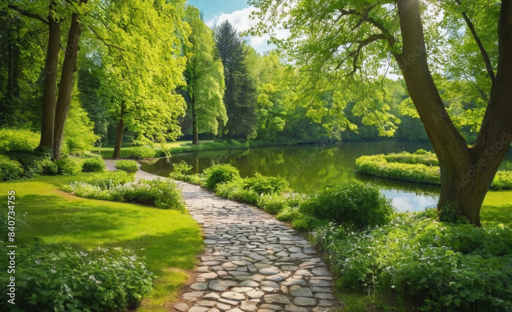Beautiful Colorful Summer-Spring Landscape Sunlit Lake in the Park with Green Trees and Stone Path Beautiful Colorful Summer-Spring Landscape Sunlit Lake in the Park with Green Trees and Stone Path