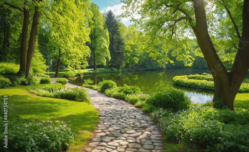 Beautiful Colorful Summer-Spring Landscape Sunlit Lake in the Park with Green Trees and Stone Path