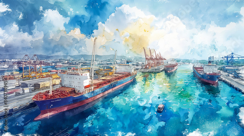 Wide-angle view of a shipping port with idle grain ships and empty docks, highlighting the grain crisis, watercolor illustration  photo