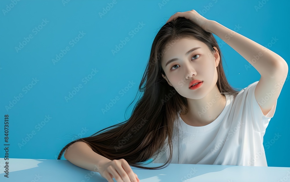 Fototapeta premium Beautiful young asian woman with perfect skin on blue background. Cosmetology, beauty and cosmetic. Skin care concept. Model touching facial skin. Studio portrait with copy space, advertising, banner