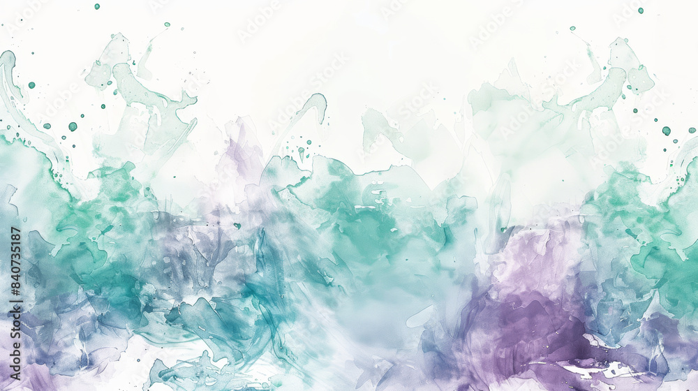 Wide angle view of abstract watercolor splashes in shades of lavender, mint green, and light blue on a white background Wide angle view of abstract watercolor splashes in shades of lavender, mint green, and light blue on a white background