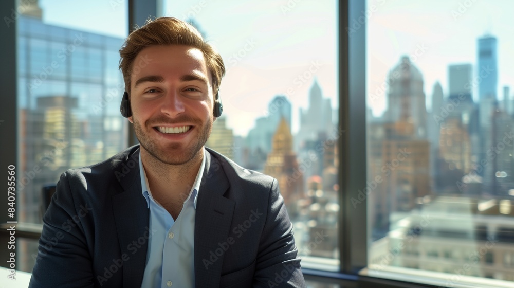A happy businessman on a video call in a high-tech office, smiling broadly at the camera, with a city skyline visible through the window behind him. A happy businessman on a video call in a high-tech office, smiling broadly at the camera, with a city skyline visible through the window behind him.