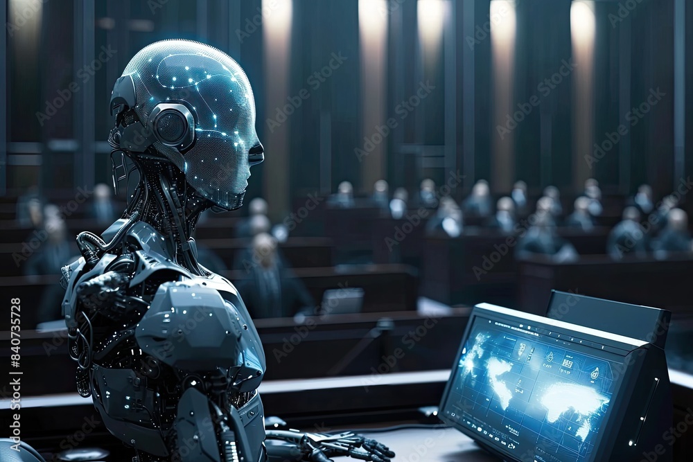Futuristic, shiny humanoid robot, futuristic courtroom where justice is determined by artificial intelligence