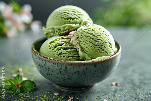 Matcha Ice Cream: homemade ice cream with matcha powder. © tynza