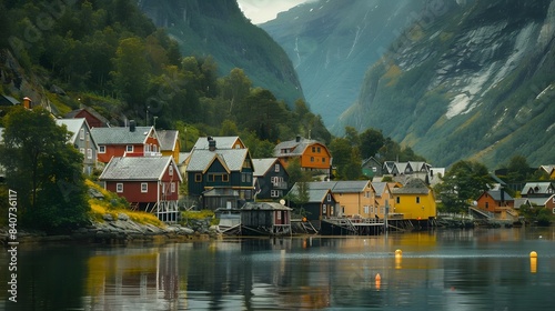 A charming Norwegian village with colorful houses in the midst of summer, 4k. © Creative_Hub