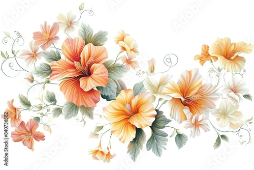 Vibrant orange and pink flowers, handcrafted vector depiction of exquisite flowers in a random arrangement on a white background