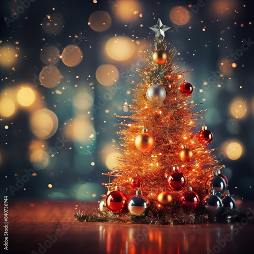 Christmas tree with lights and stars. Bokeh background