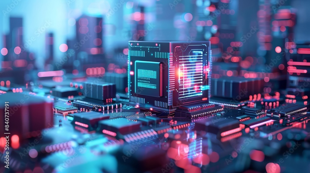 Atomic precision in futuristic digital cpu, flat design, side view ...