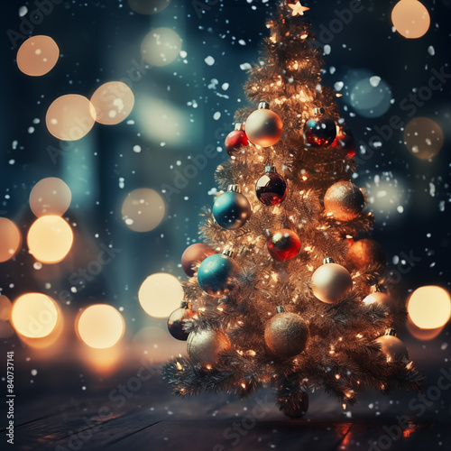 Christmas tree with lights and stars. Bokeh background