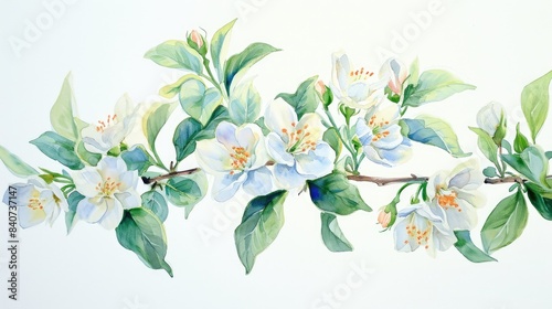 Delicate white blossoming flowers  handcrafted Watercolor Jasmine Bouquet in a random assortment on a white background