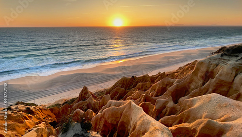 beautiful sunset on a beach in the Atlantic Ocean bordered by hard sand cliffs forming a canyon Medides beach in Portugal photo