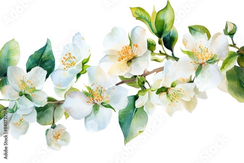 Delicate pale blossoms, lush green leaves, handcrafted Watercolor Jasmine Bouquet in a random assortment on a white background