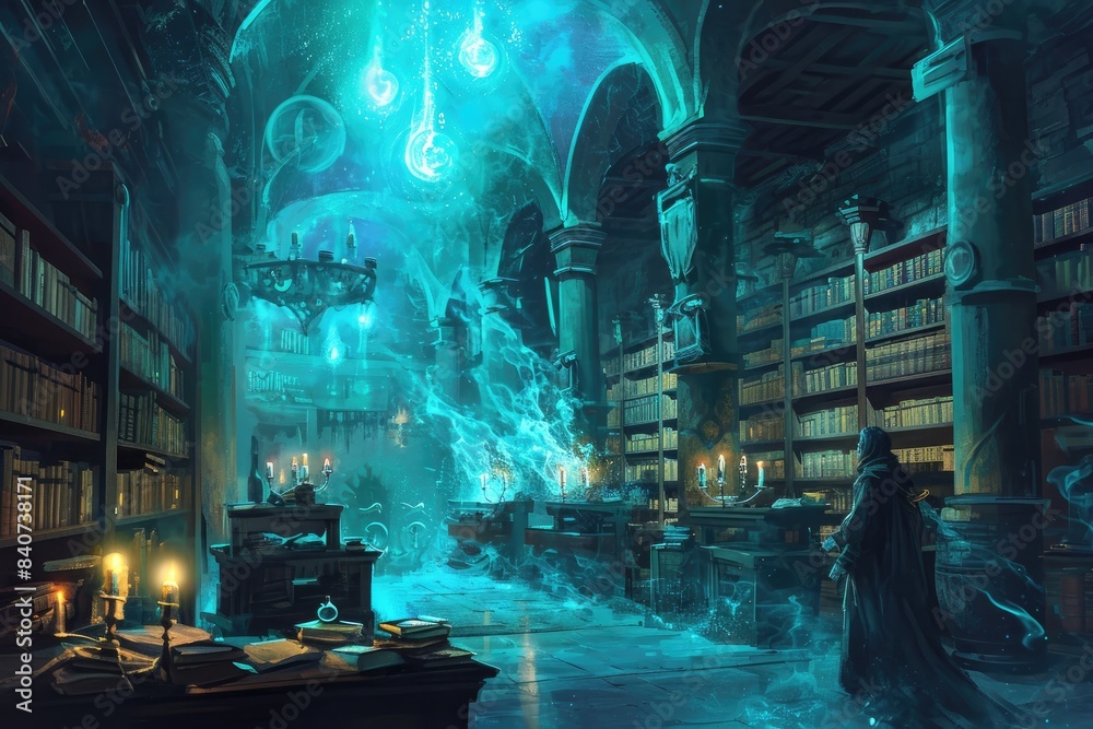 Obraz premium Mystical swirling blue energy, magical academy where students learn to harness elemental powers