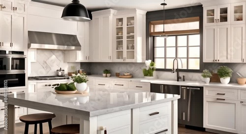 modern farmhouse kitchen interior with white cabinets and white marble countertops