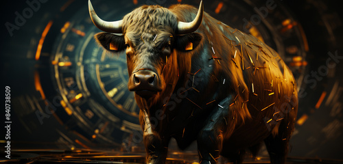 Bull Standing Before Golden Gear. A brown bull stands before a golden, glowing, circular gear. The bulls fur is illuminated, creating a striking contrast.