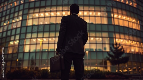 A melancholy businessman standing in front of a large office building at dusk, with his shoulders slumped and briefcase hanging loosely at his side.