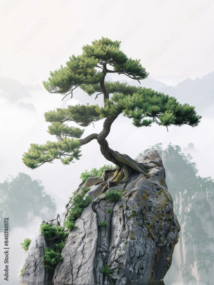 Japanese spiritual tree growing on mountain rocks in nature hyper realistic Japanese spiritual tree growing on mountain rocks in nature hyper realistic