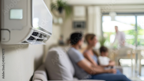Closeup of a family relaxing in a living room with an air conditioner running, and an electricity meter showing high usage 