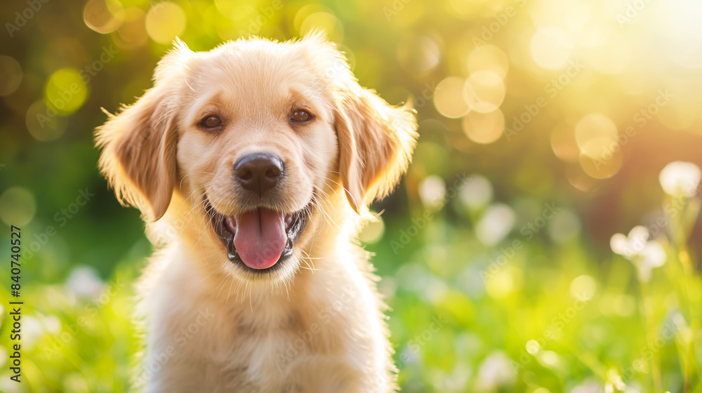 Closeup of a joyful golden retriever puppy playing in a sunlit meadow with blurred green grass and flowers in the background Closeup of a joyful golden retriever puppy playing in a sunlit meadow with blurred green grass and flowers in the background