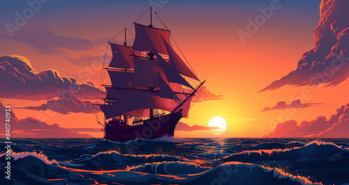 Sailing ship in sea water at sunset.