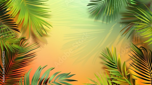 trendy summer Bali style floral patter background with copyspace , colorful leaves palm shape art wallpaper, Summer colors botanical tropical leaves ,sun light and shadows, pink, yellow leaf .