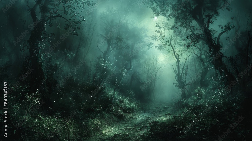 Obraz premium A dark forest with trees and a moon in the sky