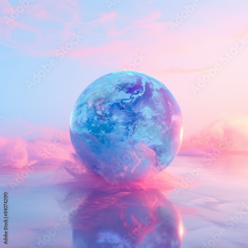 Holographic globe projection shows climate change data in sky blue and bubblegum pink hues  raising global environmental awareness.