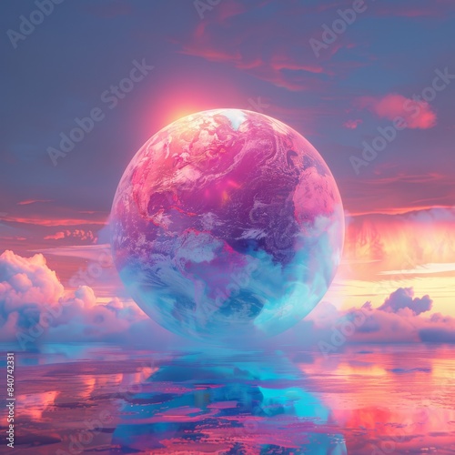 Holographic globe displays climate data in sky blue and bubblegum pink. Digital art raises global environmental awareness.