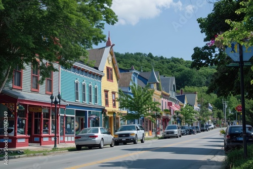 Fototapeta Naklejka Na Ścianę i Meble -  Quaint, colorful storefronts; sunny, tree-lined street, small town with quirky residents and unexpected happenings