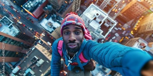 African American man posing in hip hop style while taking a selfie on a building ledge. Concept Fashion Photography, Urban Style, Selfie Poses, Hip Hop Culture, Cityscape Portrait © Ян Заболотний