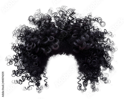 Close-up of curly black hair in a voluminous style against a white background, showcasing texture and natural beauty.